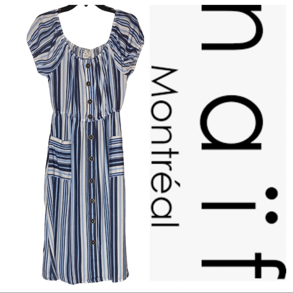 Brand New! Naïf Blue and White Vertical Striped Dress with Buttons Size PS